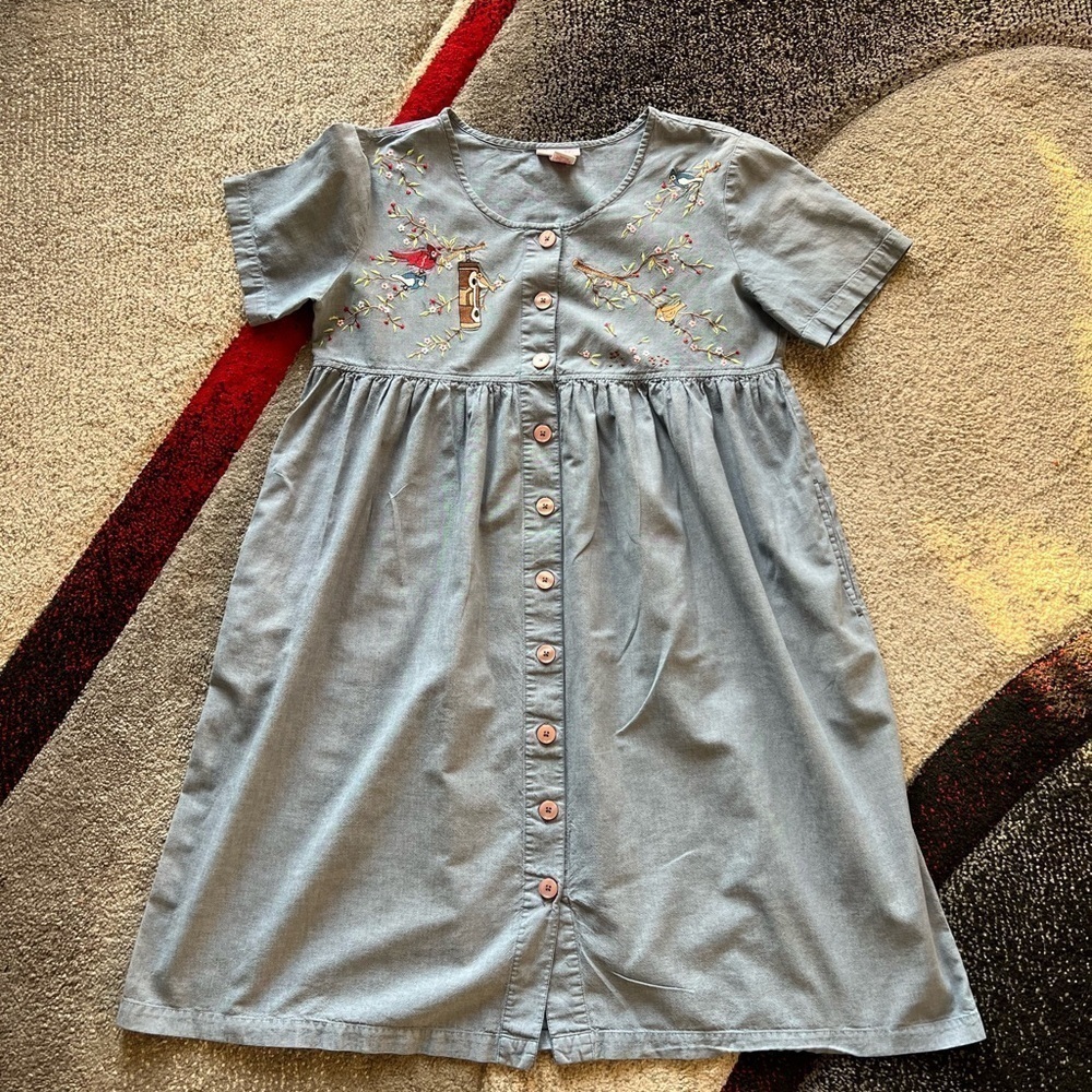Go Softly Patio Bird Embroidered Chambray Dress